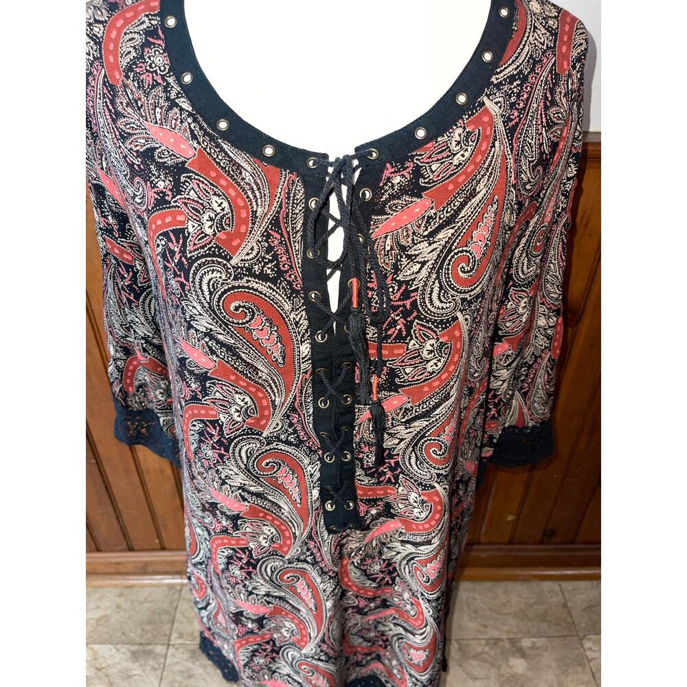Womens Miss Me Red Black Paisley Cotton Lace Tassel Casual Dress Size Large - Picture 2 of 9
